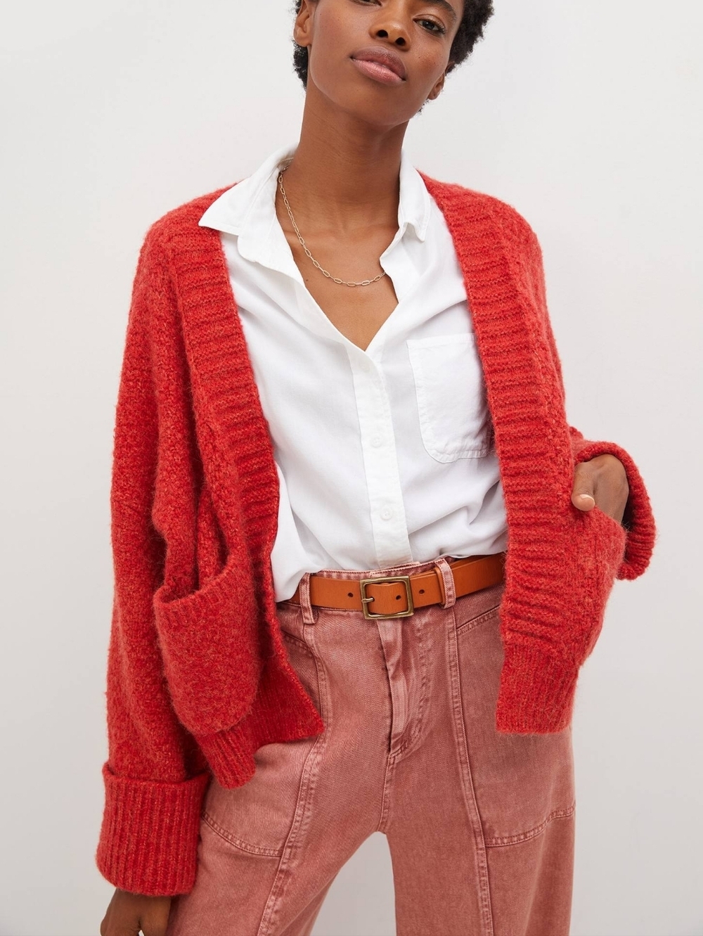 Anthropologie Pilcro Oversized Cuffed Cardigan OS Orange Red